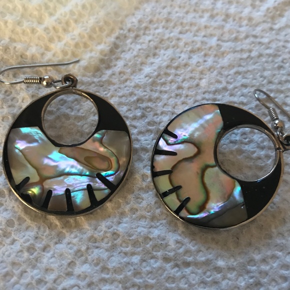 Enamel Mother of Pearl Silver Modern Earrings MOP Mexico - Picture 2 of 6